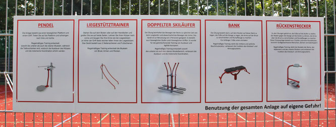 Hinweisschild für die Übungen auf dem Mehrgenerationen-Spielplatz in Sitterswald.