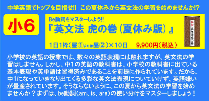 中学英語でトップを目指せ!!　この夏休みから英文法の学習を始めませんか!?　小学校の英語の授業では、数々の英語表現には触れますが、英文法の学習はしません。しかし、中１の英語の教科書は、小学校の教科書に出ている基本表現や英単語は習得済みであることを前提に作られています。だから、中１になっていきなり出てくる多彩な英文法表現についていけず、英語嫌いが量産されています。そうならないように、この夏から英文法の学習を始めませんか？まずは、be動詞（am、is、are）の使い分けをマスターしましょう！