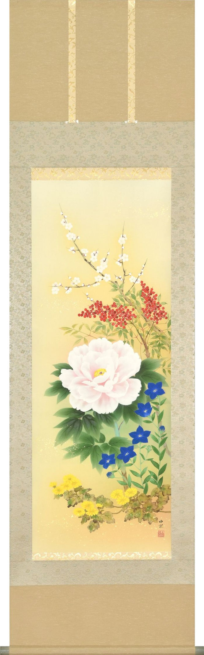 掛軸「四季花」吉川由良 尺五立（A-2673）
