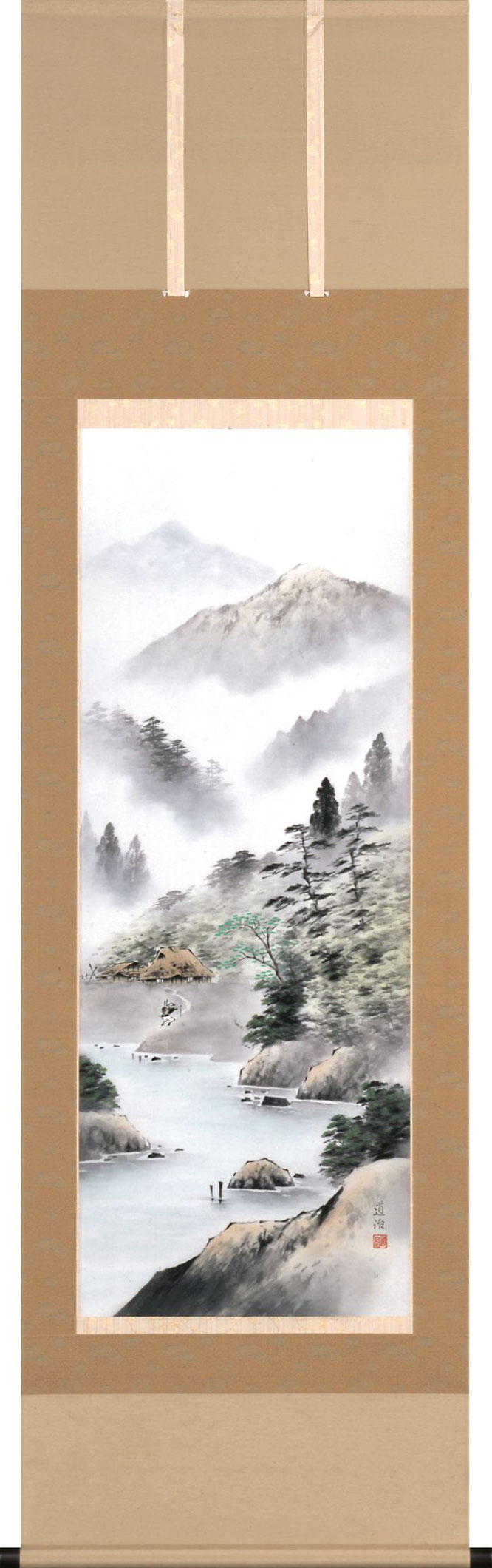 掛軸「彩色山水」斉藤道治 尺五立（A-5650）