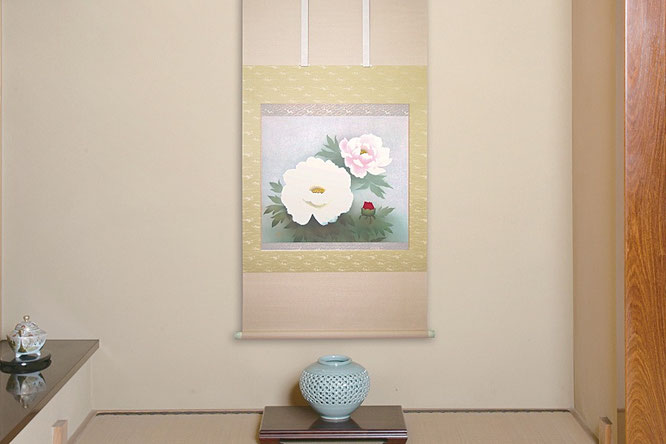 掛け軸　福年　牡丹　ボタン　二重箱　タトウ　桐箱　新上紡　茶道　茶掛　花 掛け軸 福年 牡丹 ボタン 二重箱 タトウ 桐箱 新上紡 茶道 茶掛 花
