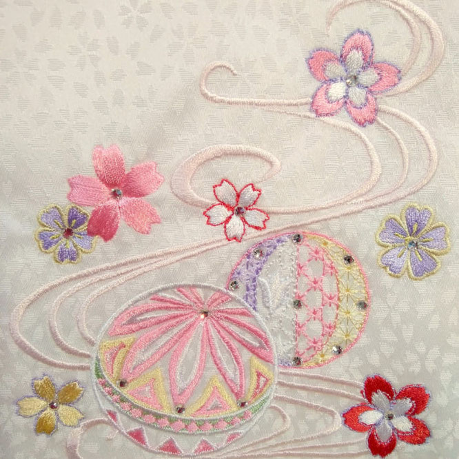 名前旗 まり桜（小）白 小桜 白房 桃糸刺繍 高さ39cm（3440）縁起の良い鞠と桜を刺繍入れ