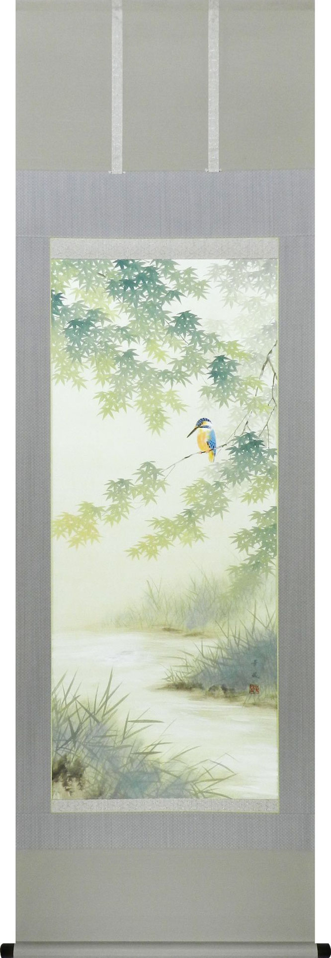 美品 掛け軸 出口華正作 群雀図 共箱太巻き付 二重箱 稲穂 秋掛け