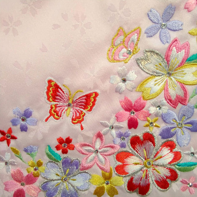 名前旗 風花（小）薄ピンク 小桜 ローズピンク糸刺繍 高さ39cm（3444）蝶と桜を刺繍入れ