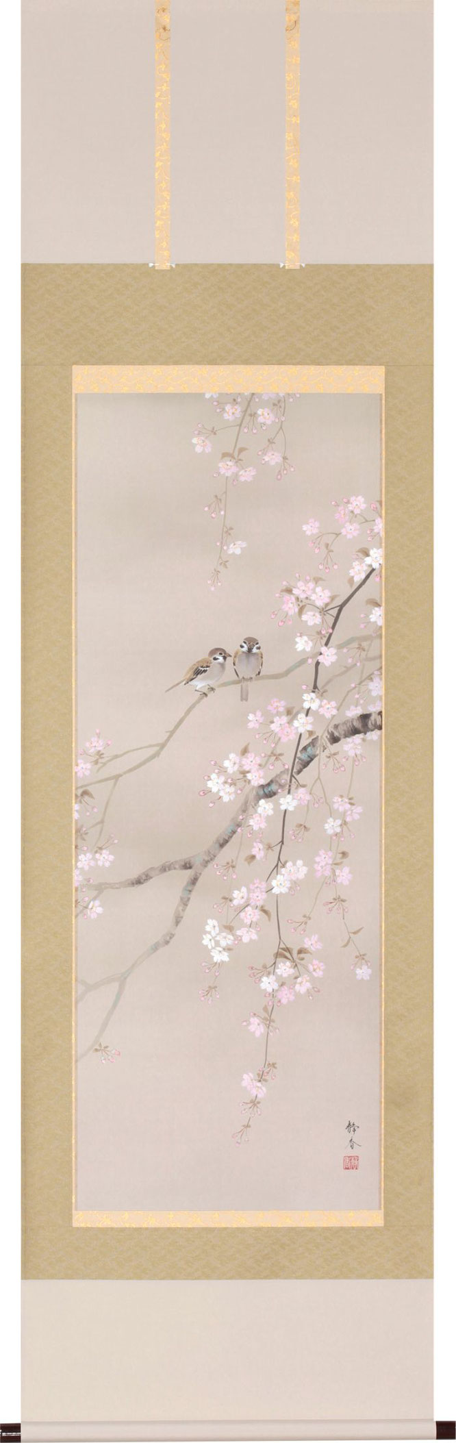掛軸「桜に小禽」北条静香 尺五立（A-1258）