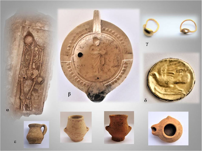 Les restes d'une partie du cimetière mis au jour contenaient une sépulture, un vase en céramique gravé d'une femme, les restes d'anneaux en or, une pièce en or avec un oiseau gravé et plusieurs pièces de poterie. Crédit: Ministère grec de la Culture