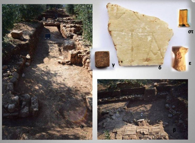 Des restes d'autres zones résidentielles, ainsi que plusieurs artefacts trouvés à l'intérieur ou à proximité des structures, notamment des pièces de jeu et les restes d'une gravure. Crédit: Ministère grec de la Culture