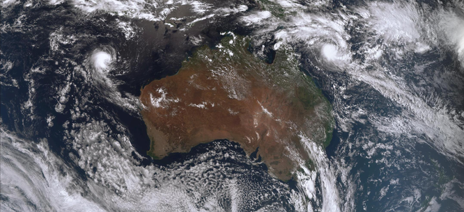 Satellite image showing tropical cyclone Alfred in the Coral Sea and a cyclone developing in the Indian Ocean, February 25 2025. Image from www.bom.gov.au.