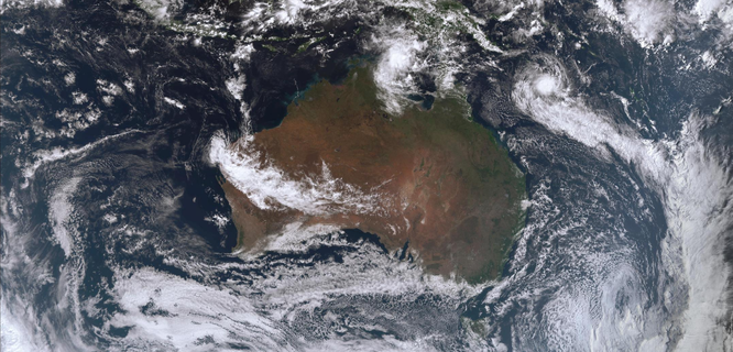 Satellite image of Tropical Cyclone Paul developing in the Coral Sea April 11 2024. Image from www.bom.gov.au.