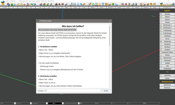 Wissen auf Knopfdruck: Der integrierte KI-Assistent liefert Antworten, Schritt-für-Schritt-Anleitungen und Lösungswege direkt im PYTHA-Chatfenster.