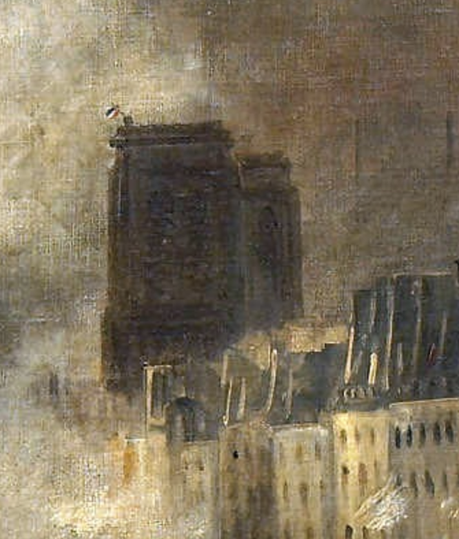 ノートルダム寺院の塔から、もうひとつの小さなフランス国旗が描かれている。