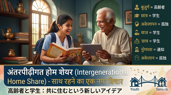 ヒンディー語読解テスト「多世代ホームシェア（Intergenerational Home Share）と高齢者・学生の共生」のアイキャッチ画像。高齢者と学生の交流イラストと、タイトル、重要単語「बुज़ुर्ग（高齢者）」「छात्र（学生）」などの解説が掲載されています。