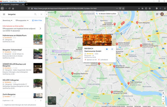 Abbildung von google Maps mit einem Restaurant-Profil
