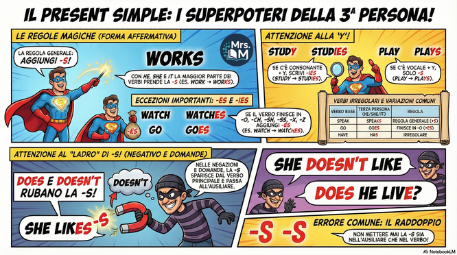 Infographics about the rules of the third person of the singular while using the present simple (Italian language)