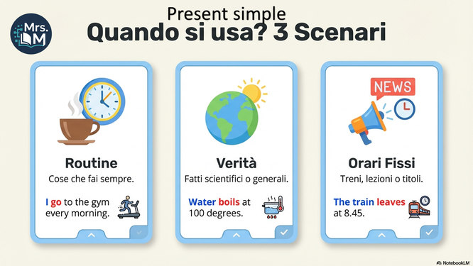 This picture represents the three situations in which we need to use the present simple (Italian language)