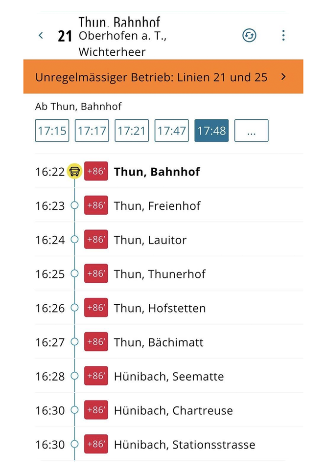 Screenshot des Chaos in der «öV Plus»-App, als Beispiel ein Kurs der Linie 21 am 21. Juni 2025