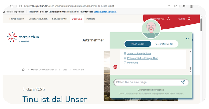 So preist die Energie Thun AG ihren Chatbot Tinu auf ihrer Website an - Screenshot