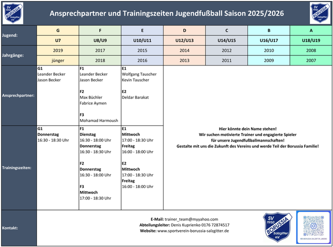 Übersicht Trainingszeiten Jugendfußball 2025/2026