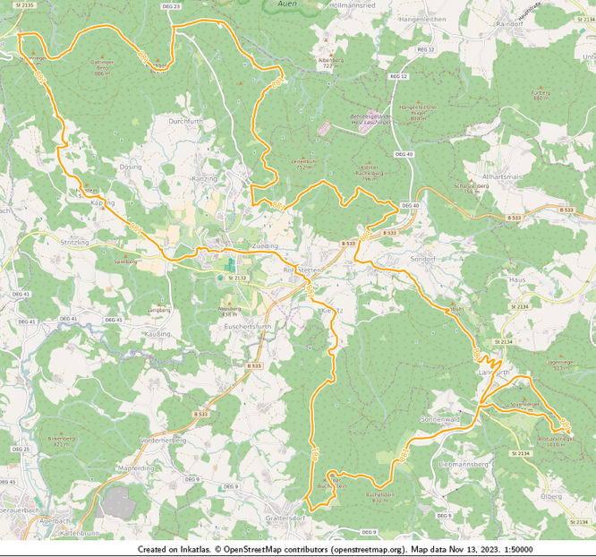 Übersichtskarte der Tourregion Bayrischerwald  Tour 880   Startort: Lalling