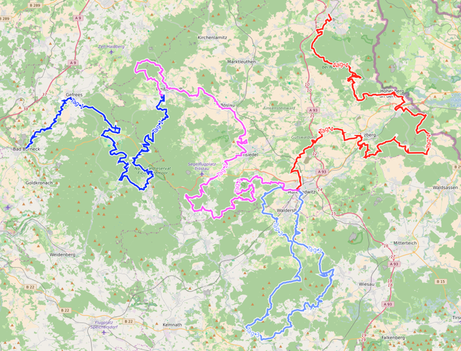 Karte Fichtel-Steinwald-BusTrail 267 Km 7600 Hm Tage 1-4