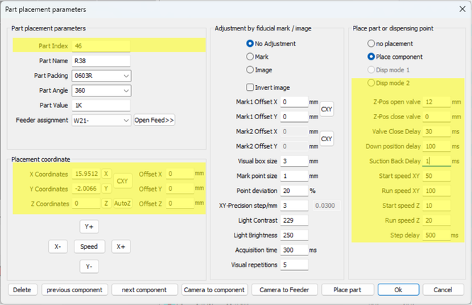 SMALLSMT VisionPlacer V3 Dispenser related parameters