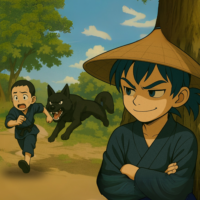 少年が黒い狂暴な犬に追いかけられているのを余裕の笑みで眺める青年。
