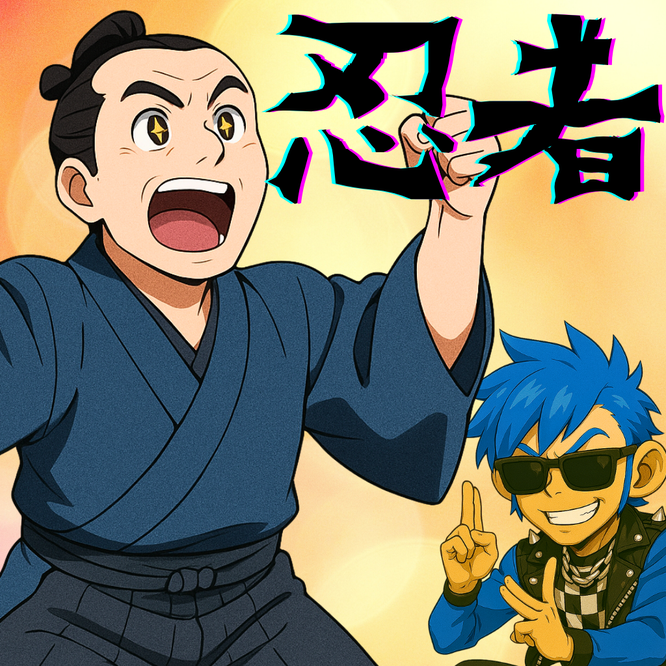 江戸時代の町人が忍者と叫んで興奮している場面。後ろでパンク風の青年がポーズをとっている。