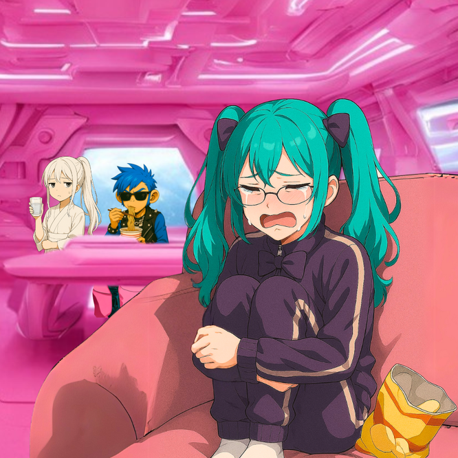 膝をかかえて号泣している青髪ツインテールの女性。