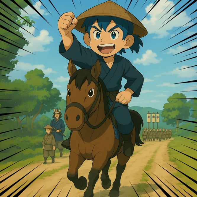 三度笠をかぶった少年が馬に乗ってガッツポーズをしている場面。