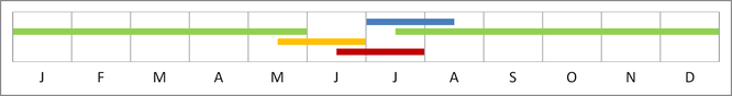 Entwicklungsstadien im Jahresverlauf: Ei (blau), Raupe (grün), Puppe (gelb), Falter (rot)