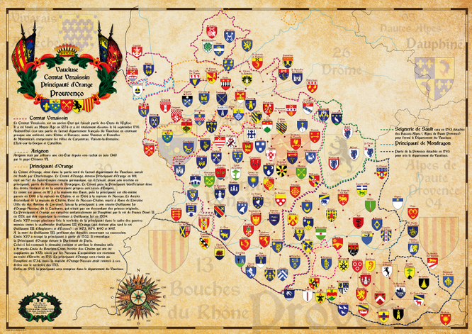 carte historique du vaucluse avec les blasons des communes et tracé des frontières du comtat venaissin, de la principauté d'Orange , du pays de Sault, et de la principauté de mondragon