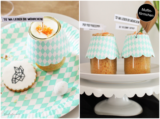 Bild: Ideen für DIY Osterdeko, Rüblikuchen im Glas mit DIY Caketopper, Freebie zum nachmachen inklusive, gefunden auf Partystories.de
