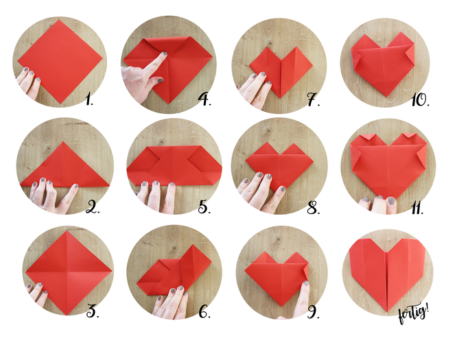 Bild: DIY Origami Herzen zum Valentinstag oder die Hochzeit selber basteln, einfache Origami Herzen mit dieser Anleitung falten, inklusive Bastelvorlage für Origami Herzen; gefunden auf www.Partystories.de