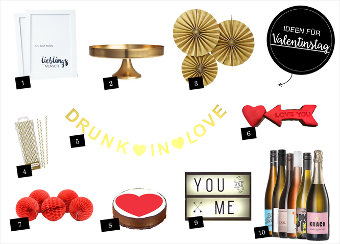 Bild: Geschenkideen und Dekoideen zum Valentinstag in rot und gold, gefunden auf Partystories.de