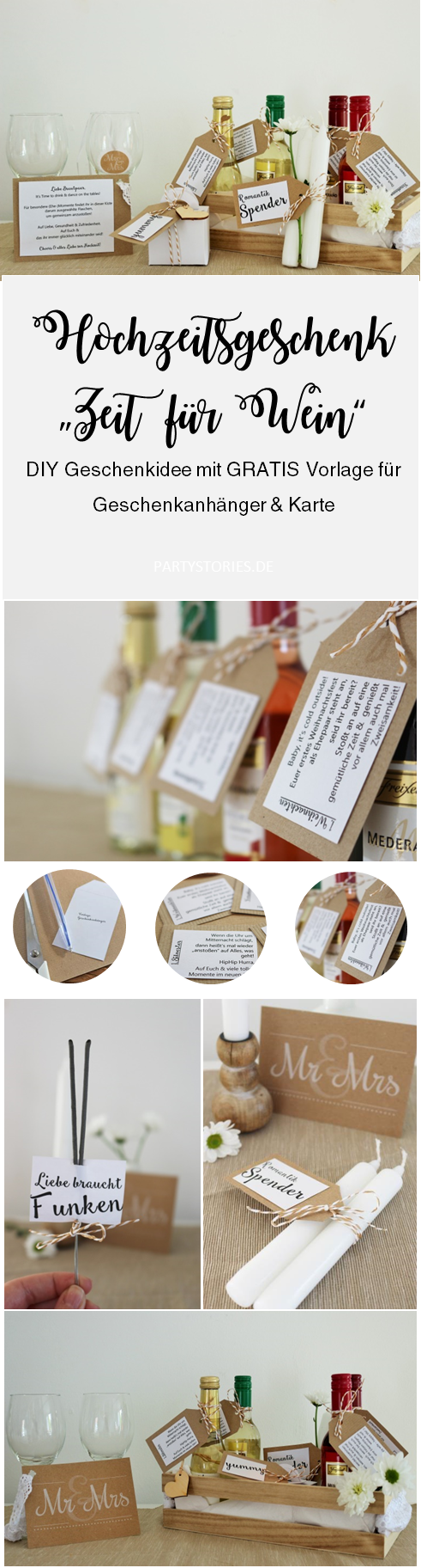Bild: Zitat "Time for Wine", schöne DIY Geschenkidee mit Wein zur Hochzeit samt Freebie/Printable für Geschenkanhänger von www.partystories.de