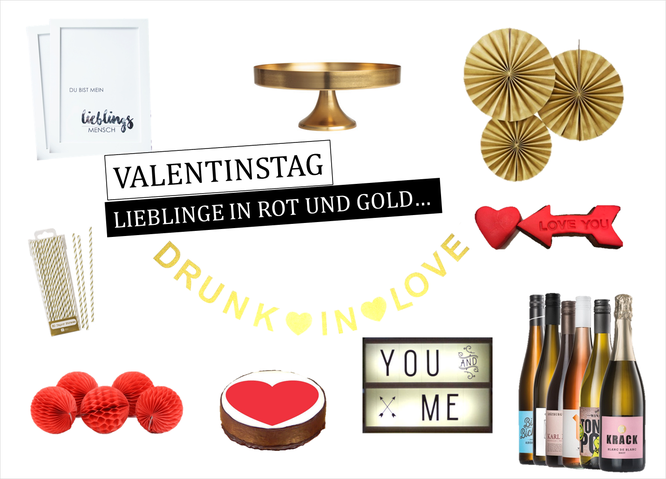 Bild: Geschenkideen und Dekoideen zum Valentinstag in rot und gold, gefunden auf Partystories.de