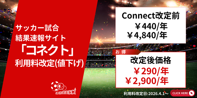 北海道サッカー試合結果速報サイト「Connect」利用料改定(値下げ)のお知らせ