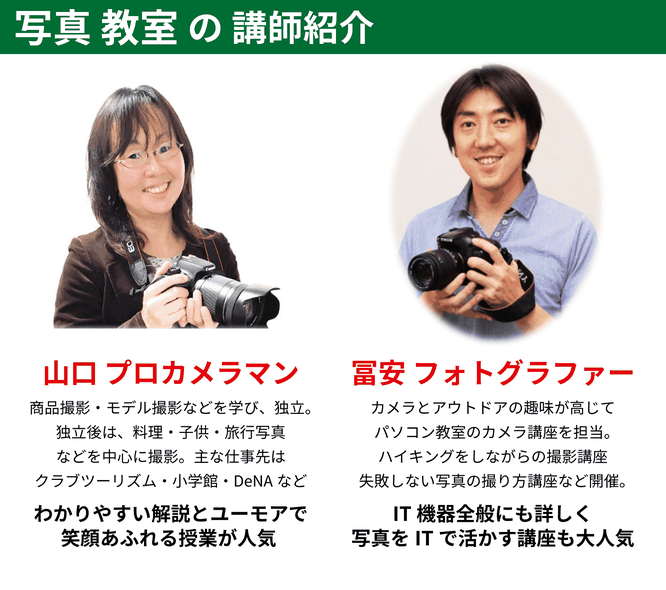 山口プロカメラマン：わかりやすい解説とユーモアで笑顔あふれる授業が人気。　冨安フォトグラファー：IT機器全般にも詳しく、写真をITで活かす講座も大人気