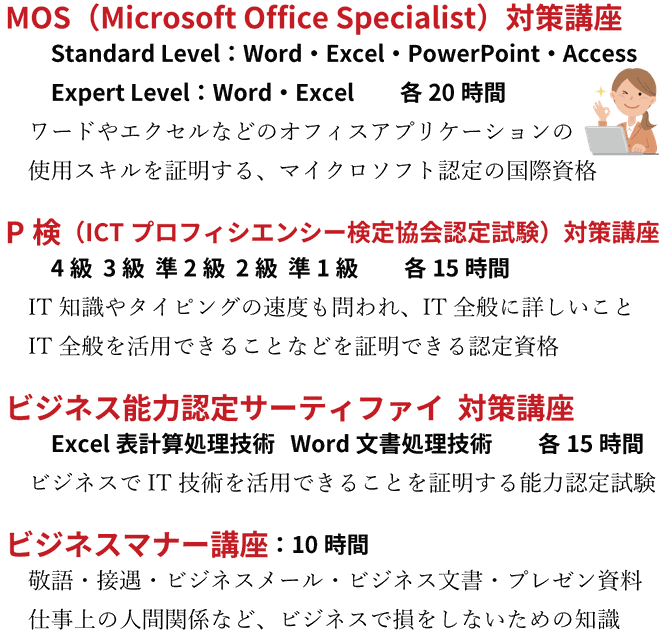 MOS対策講座　P検対策講座　ビジネス能力認定サーティファイ対策講座　ビジネスマナー講座