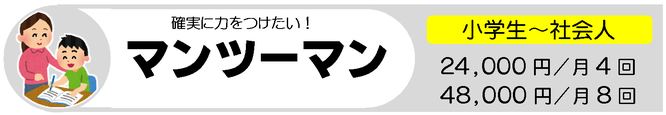 確実に力をつけたい！マンツーマンレッスン　小学生、中学生、高校生、大学生、社会人　24,000円／月4回　48,000円／月8回