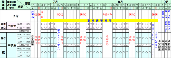 四葉アシストの夏期講習スケジュール。通塾日時を選んで通塾できます。
