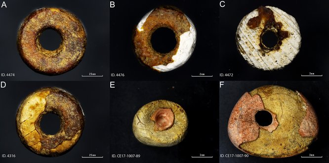 Les six fausses perles 'ambre', montrant clairement leurs origines de mauvaise humeur. Credit : ODRIOZOLA ET AL., 2019