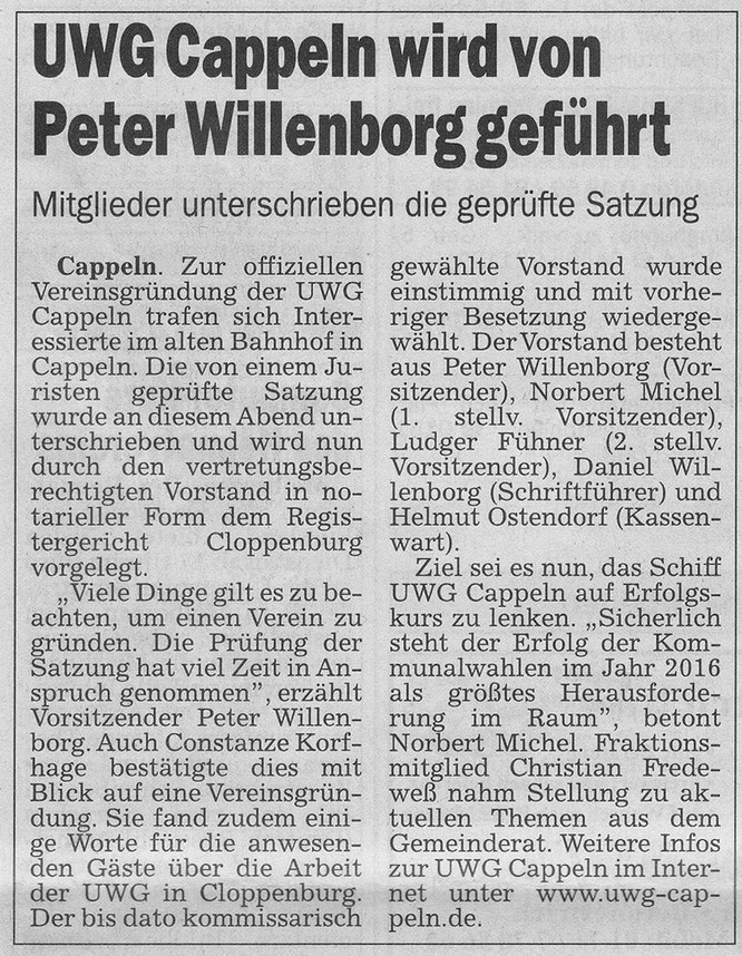 UWG Cappeln wird von Peter Willenborg geführt