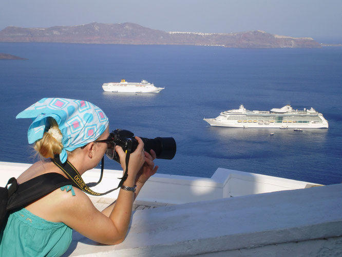 Photographing Brilliance of the Seas seen from Santorini island, Greece
