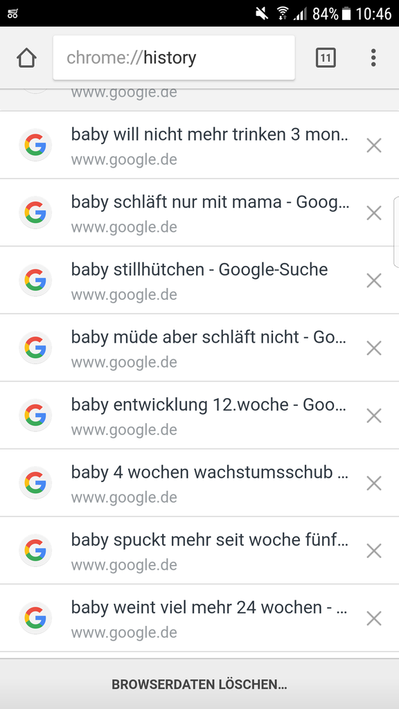 Der Verlauf meines Browsers zeigt einige unserer unzähligen Suchanfragen der letzten Monate. Google und das Google-Logo sind eingetragene Marken von Google Inc., Verwendung mit Genehmigung.