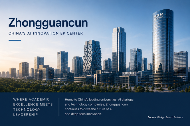 Panoramic skyline of Zhongguancun in Beijing, China's leading AI innovation ecosystem and home to major technology companies, universities and research institutes.