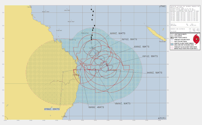 Track map and details of tropical cyclone Alfred in the Coral Sea, March 2 (pm) 2025. From JTWC.