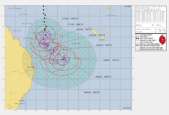 Track map and details of tropical cyclone Alfred in the Coral Sea, March 2 2025. From JTWC.