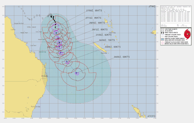 Track map and details of tropical cyclone Alfred in the Coral Sea, February 27 2025. From JTWC.