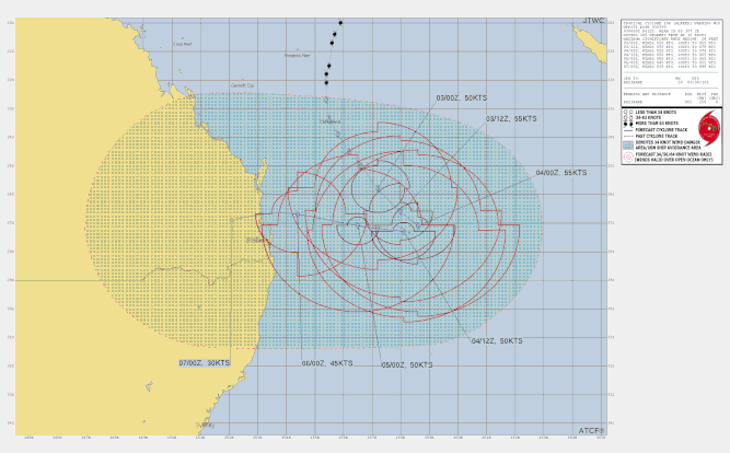 Track map and details of tropical cyclone Alfred in the Coral Sea, March 3 2025. From JTWC.
